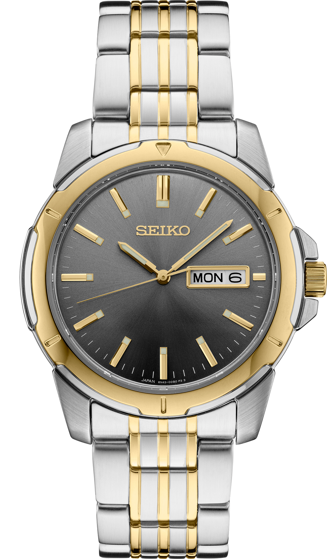 Seiko watch with two-tone metal strap on a white background