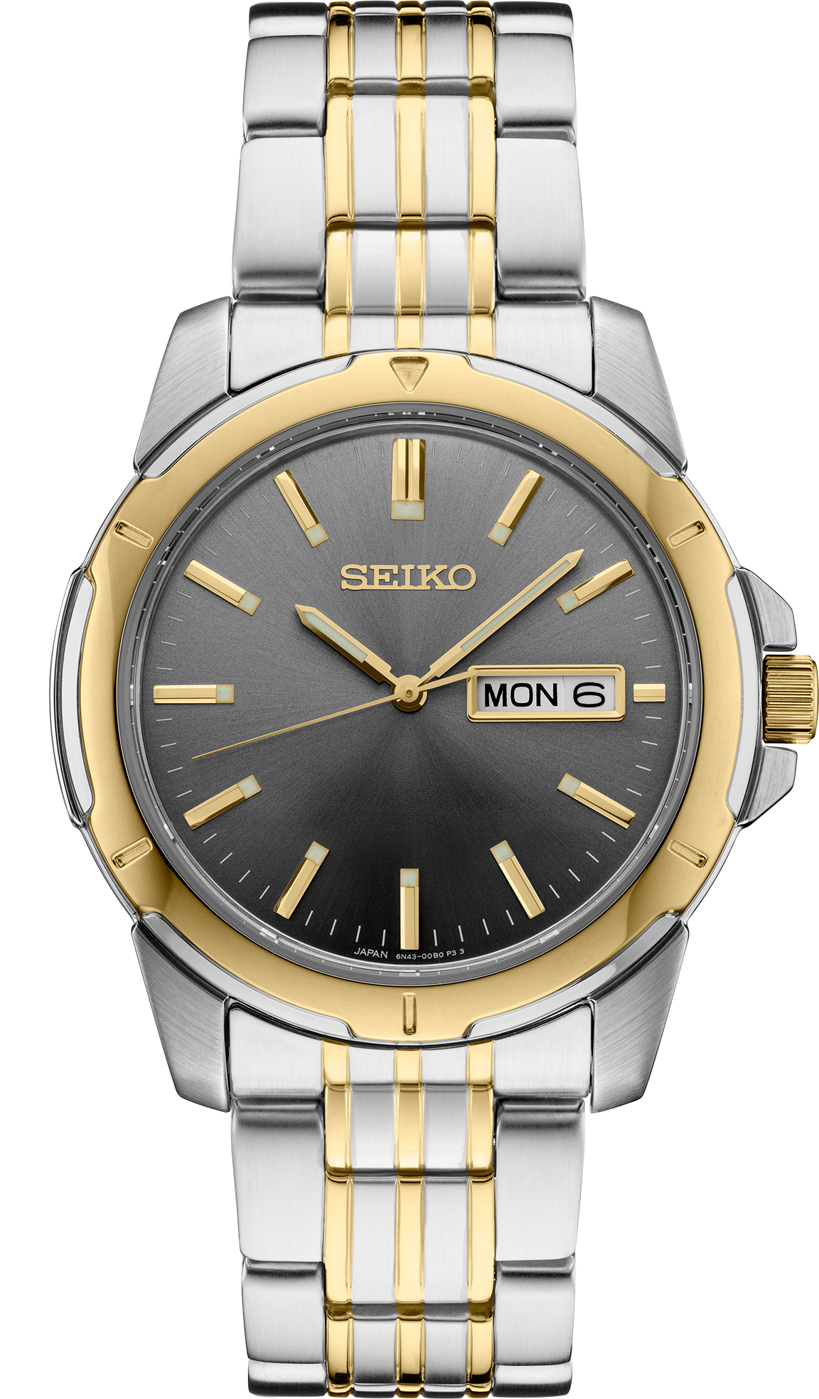 Seiko watch with two-tone metal strap on a white background