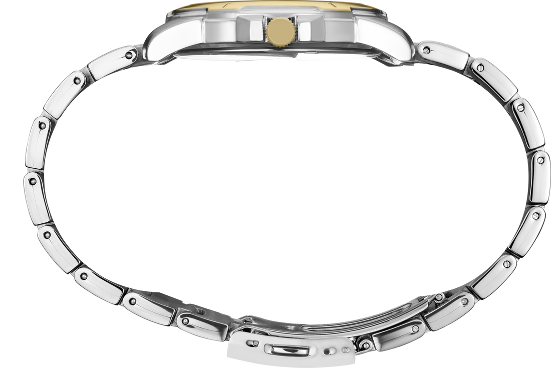 Close-up of a silver watch band on a white background