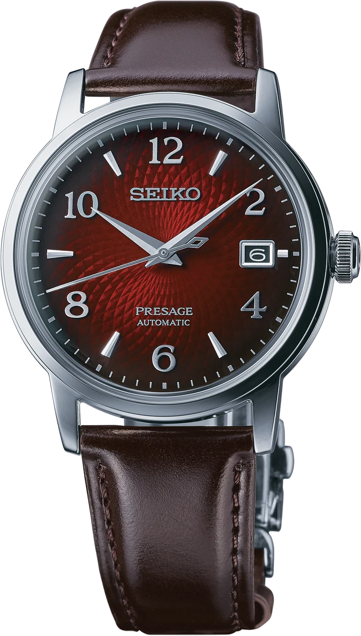Seiko | Presage Cocktail Time Dark Brown Leather Strap Stainless Steel Red Dial Automatic Men's Watch SRPE41