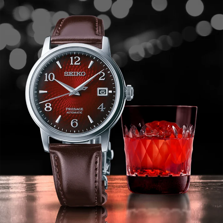 Seiko | Presage Cocktail Time Dark Brown Leather Strap Stainless Steel Red Dial Automatic Men's Watch SRPE41