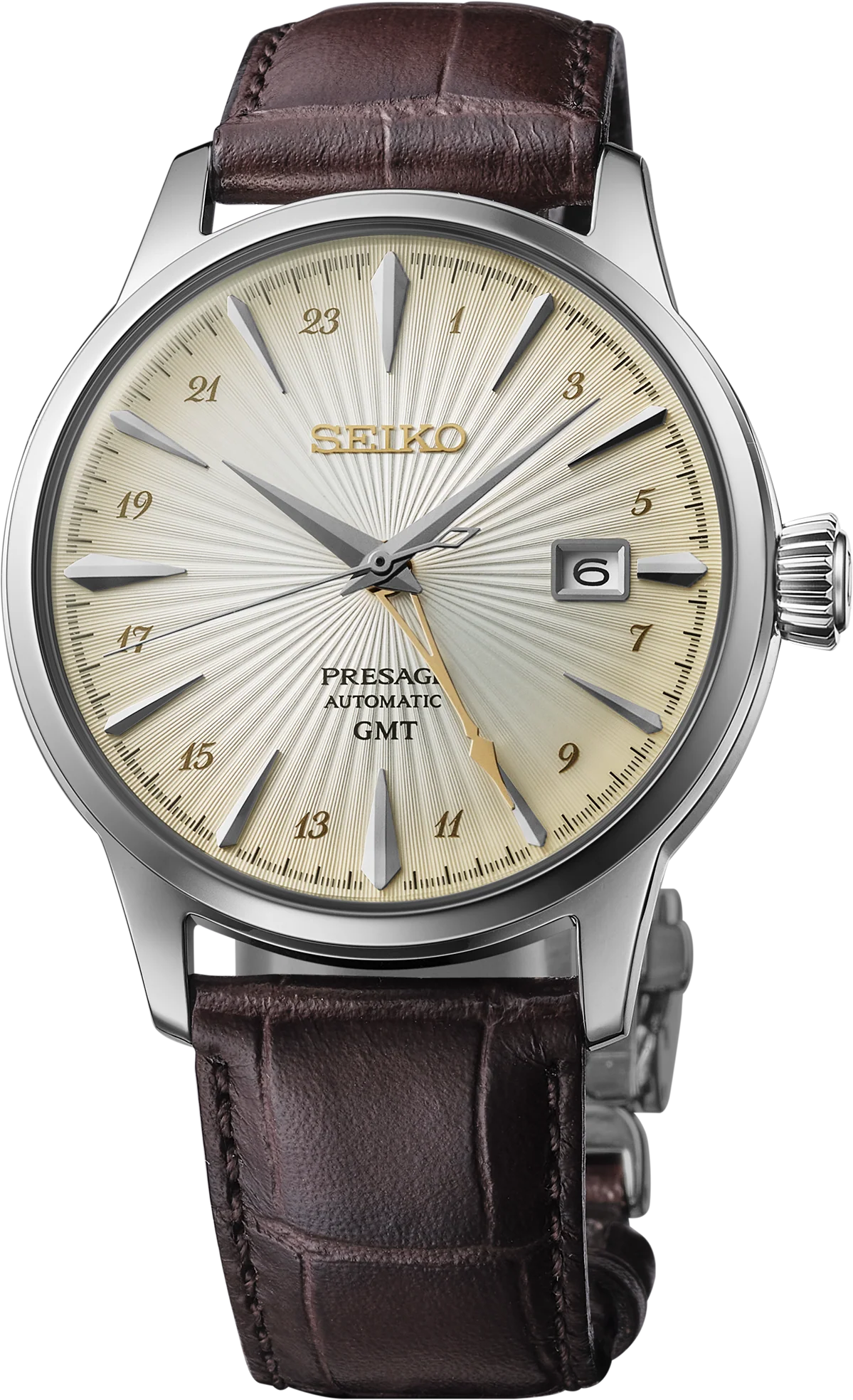 Seiko | Presage Cocktail Time GMT Dark Brown Leather Strap Stainless Steel Ivory Dial Automatic Men's Watch SSK041