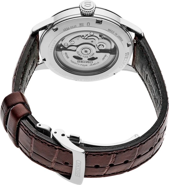 Seiko | Presage Cocktail Time GMT Dark Brown Leather Strap Stainless Steel Ivory Dial Automatic Men's Watch SSK041