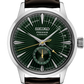 Seiko Presage watch with green face and brown leather strap on white background