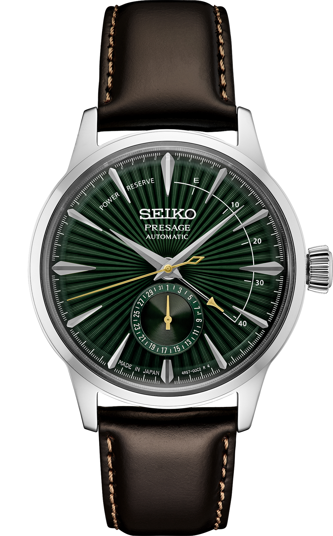 Seiko Presage watch with green face and brown leather strap on white background