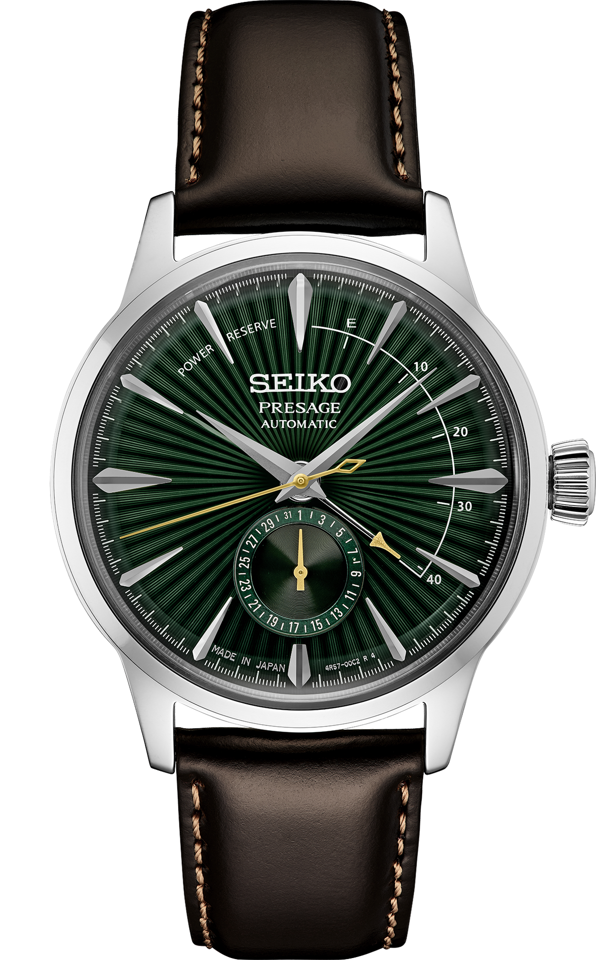 Seiko Presage watch with green face and brown leather strap on white background