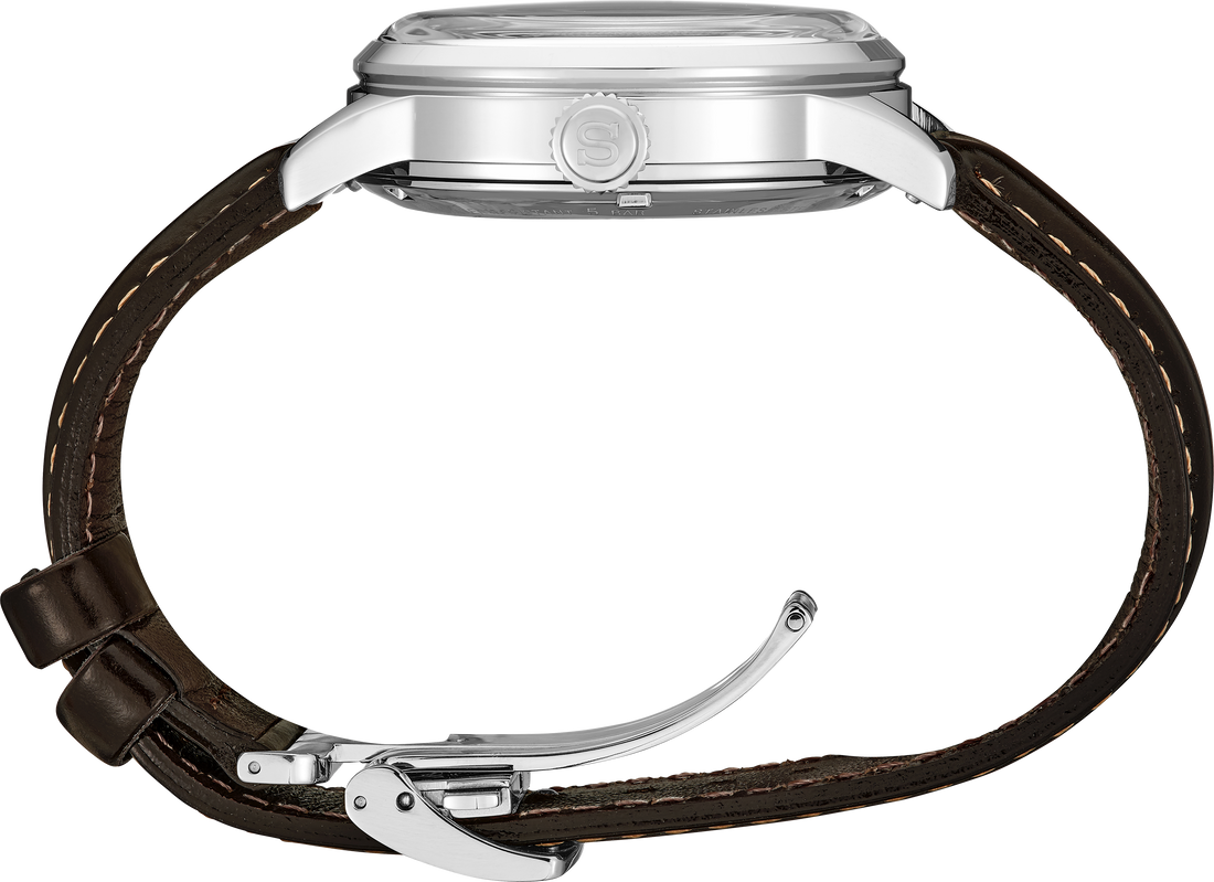 Watch with brown leather strap and silver case on a white background