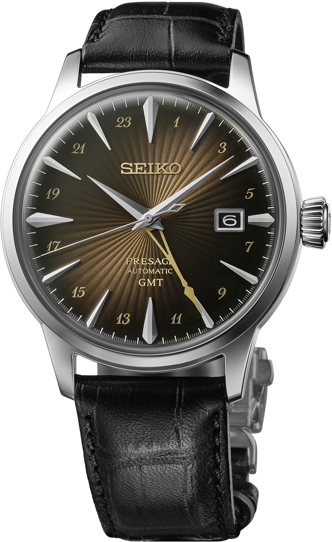 Seiko | Presage Men's	Automatic GMT Leather Strap Brown Cocktail Time Watch SSK039