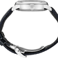 Watch with black leather strap and silver case on a white background