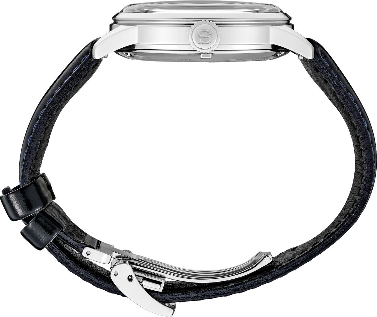 Watch with black leather strap and silver case on a white background