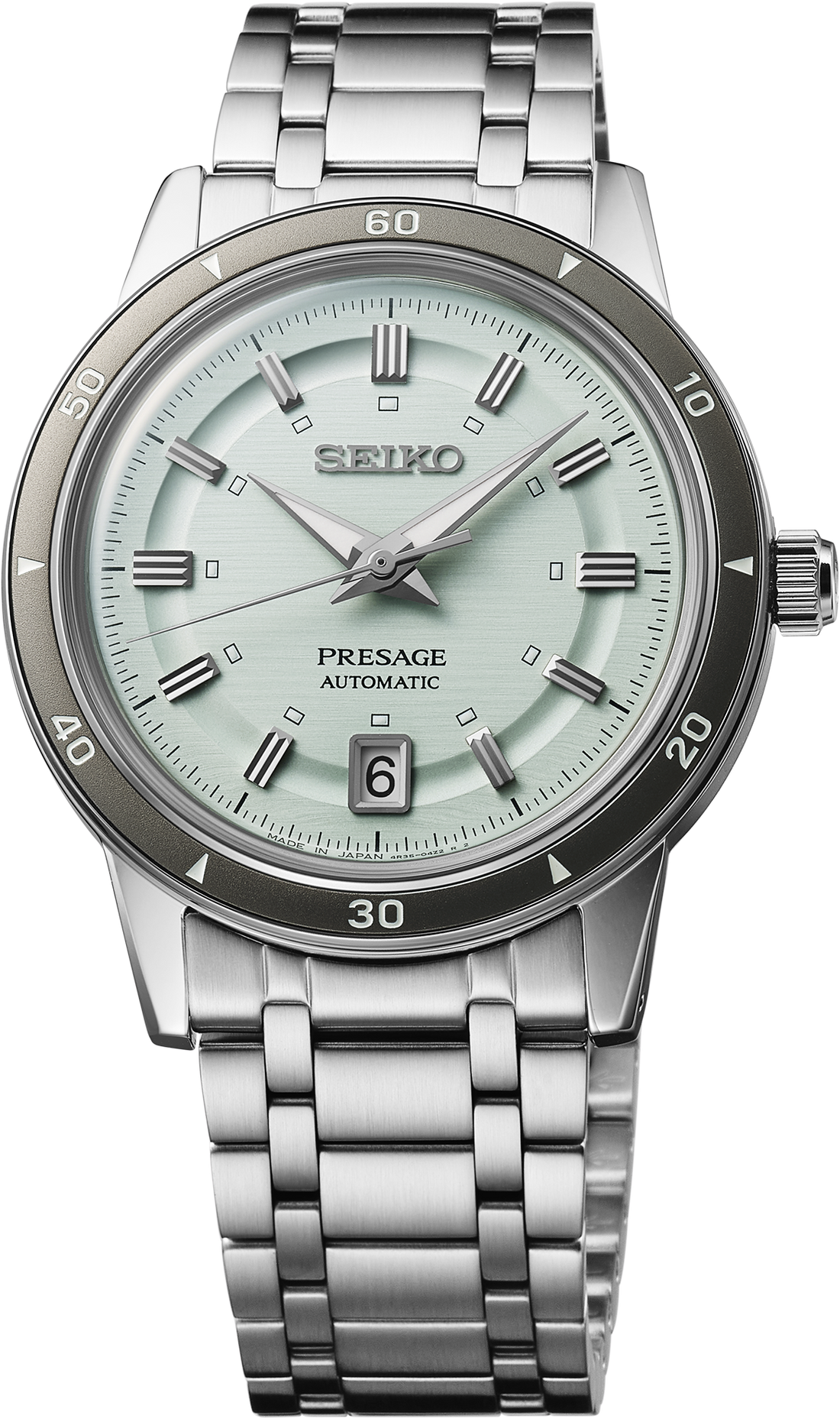 Seiko Presage watch with silver metal bracelet on a white background