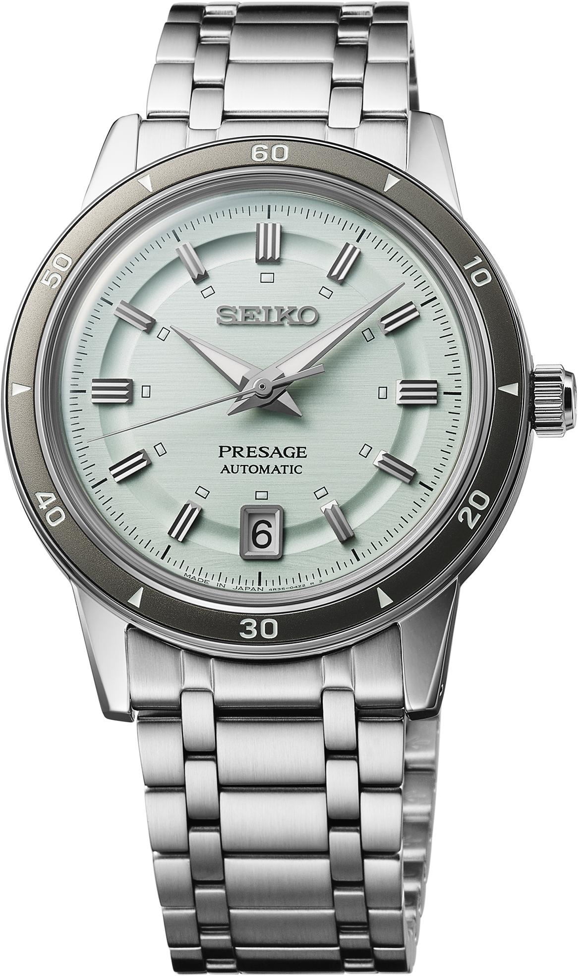 Seiko Presage watch with silver metal bracelet on a white background