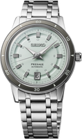 Seiko Presage watch with silver metal bracelet on a white background