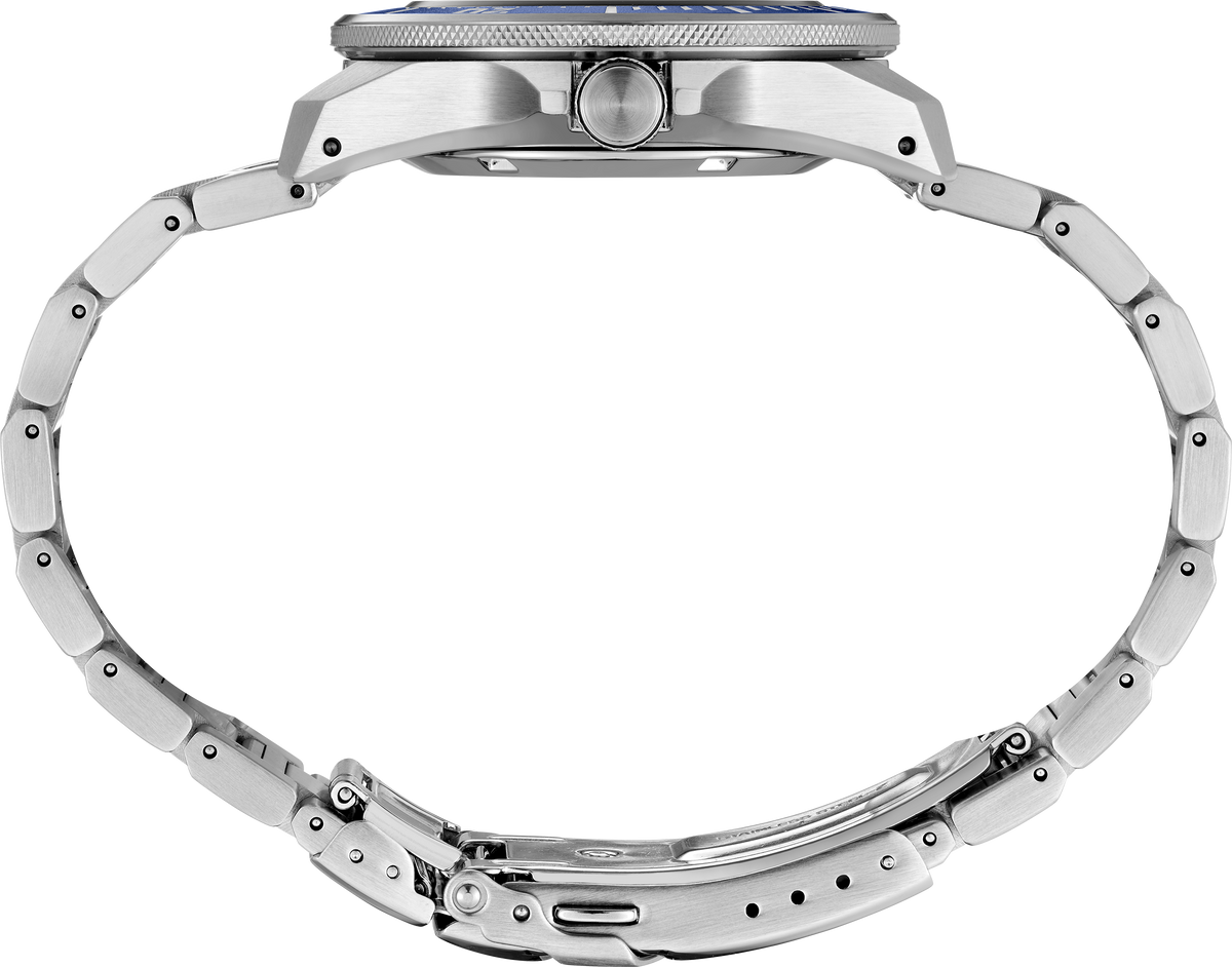 Close-up of a silver watch band on a white background