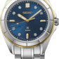Seiko watch with blue dial and silver bracelet on a white background