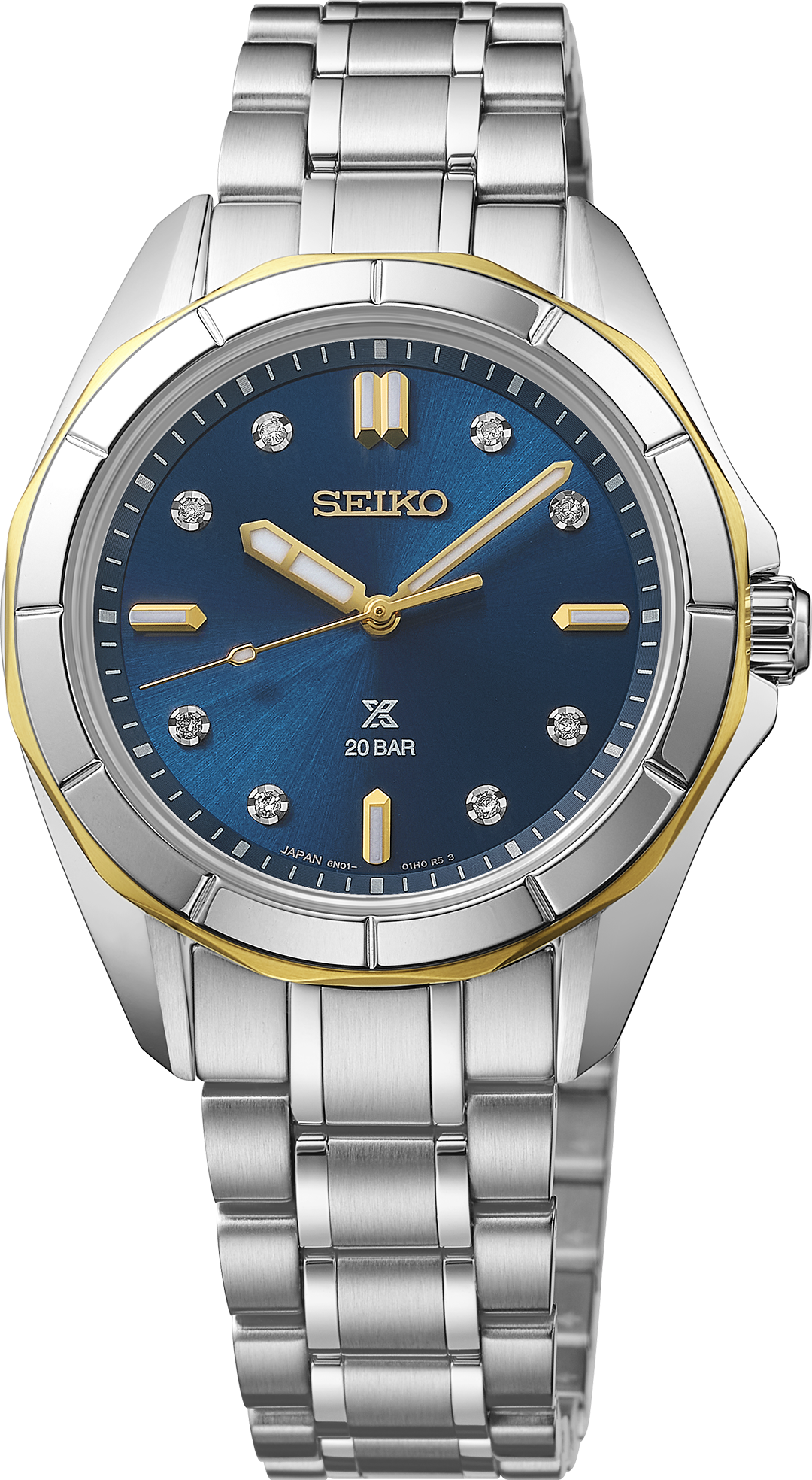 Seiko watch with blue dial and silver bracelet on a white background