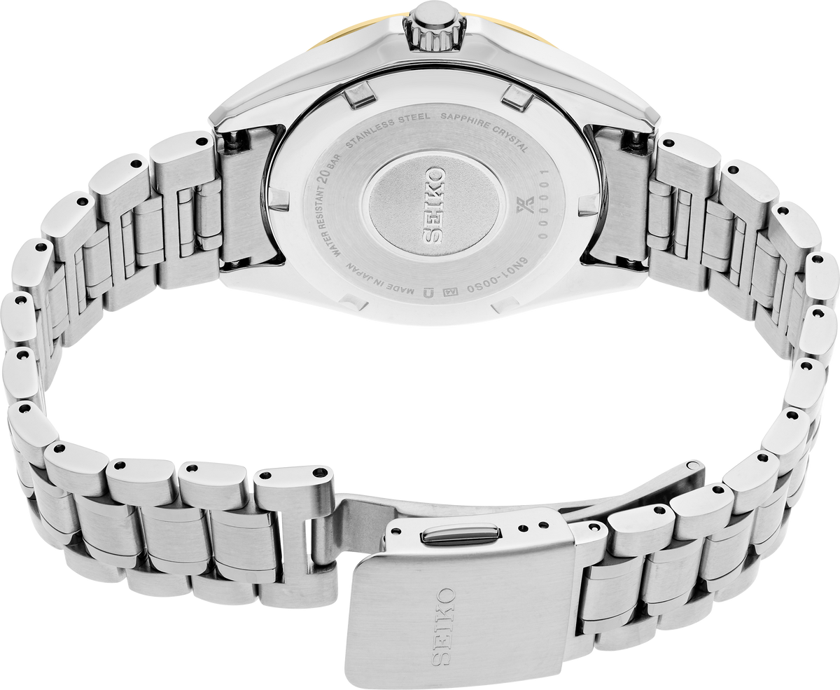 The back view of a Seiko stainless steel watch with a metal link bracelet, showing the branded case back and clasp on a white background.