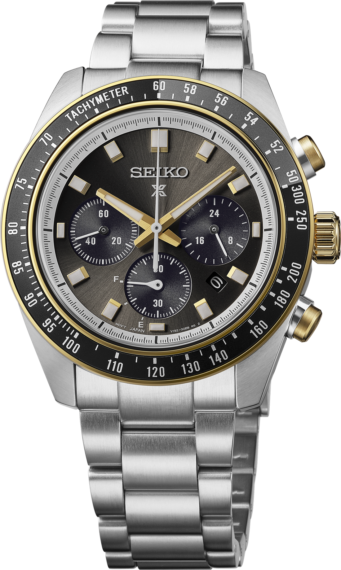 A Seiko wristwatch with a stainless steel link bracelet, featuring a dark gray dial, gold-tone accents on the bezel and crown, and a black tachymeter bezel.