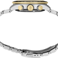 A close-up rear view of a stainless steel and yellow gold watch with a multi-link bracelet, featuring three crown buttons on the case and a black dial visible at the top.