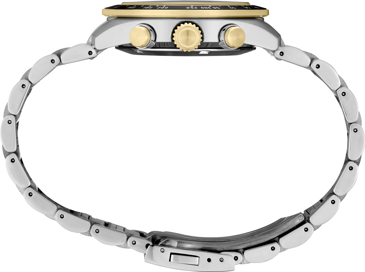 A close-up rear view of a stainless steel and yellow gold watch with a multi-link bracelet, featuring three crown buttons on the case and a black dial visible at the top.