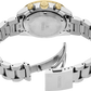 Rear view of a Seiko stainless steel watch with a gold-tone crown, showing the branded metal case back and linked bracelet on a white background.