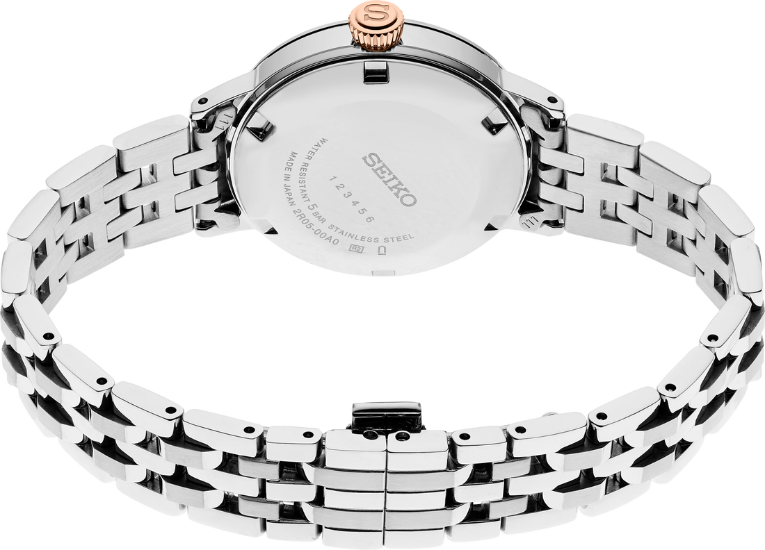 Close-up of a Seiko SRE009 Presage watch with a stainless-steal band