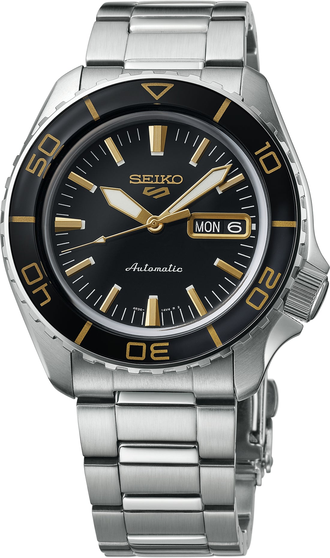 Seiko | SRPK99 Seiko 5 Sports Automatic Movement Black and Gold Dial with Stainless Steel Bracelet