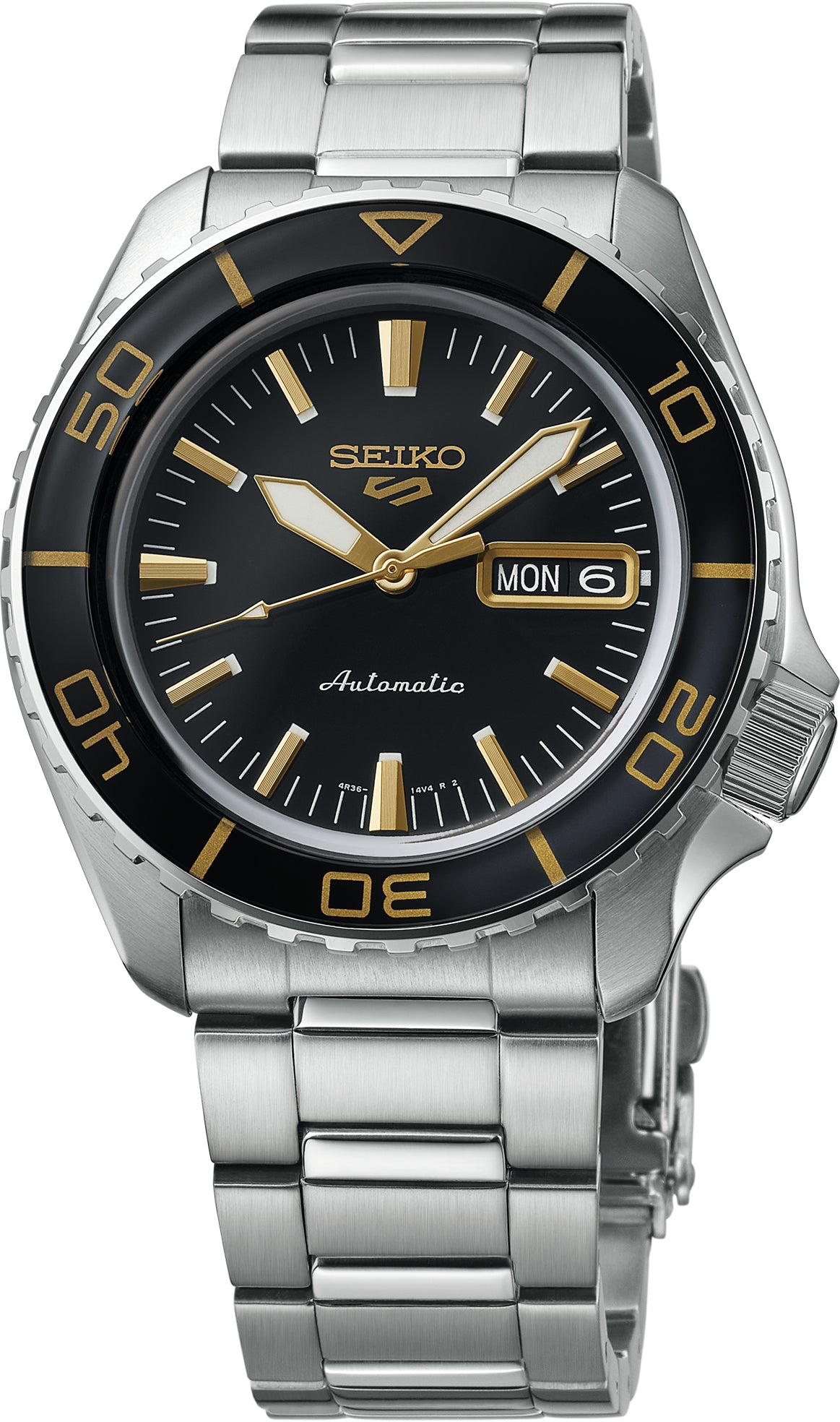 Seiko | SRPK99 Seiko 5 Sports Automatic Movement Black and Gold Dial with Stainless Steel Bracelet