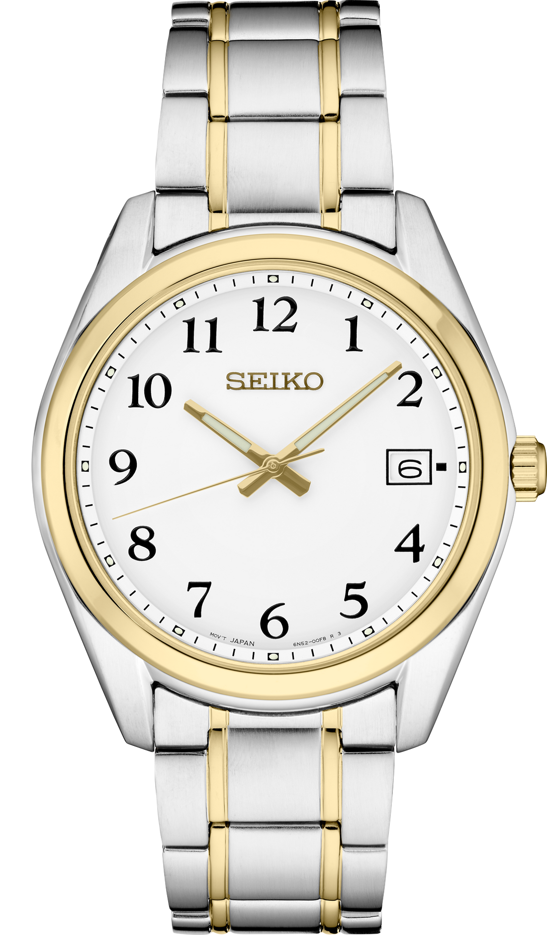 Seiko | SUR460 Essentials Analog White Dial with Arabic Numerals, Date Calendar, LumiBrite Hands, Two-Tone Stainless Steel Case & Bracelet, 100m Water Resistant