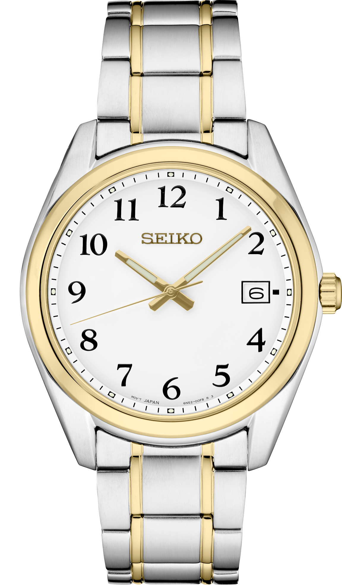 Seiko | SUR460 Essentials Analog White Dial with Arabic Numerals, Date Calendar, LumiBrite Hands, Two-Tone Stainless Steel Case & Bracelet, 100m Water Resistant