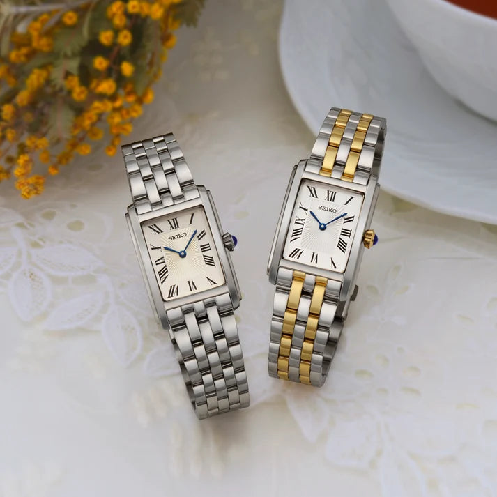 Seiko | SWR087 Essentials Rectangular Case Roman Numeral Quartz Two-tone White Dial Ladies Watch with silver watch 