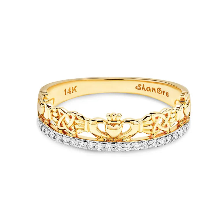 Shanore | 14K Gold Claddagh Ring with Lab Diamond Border