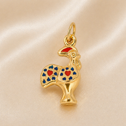 Small Blue 19.2K Portuguese Gold Rooster Charm (Galo de Barcelos) Pendant