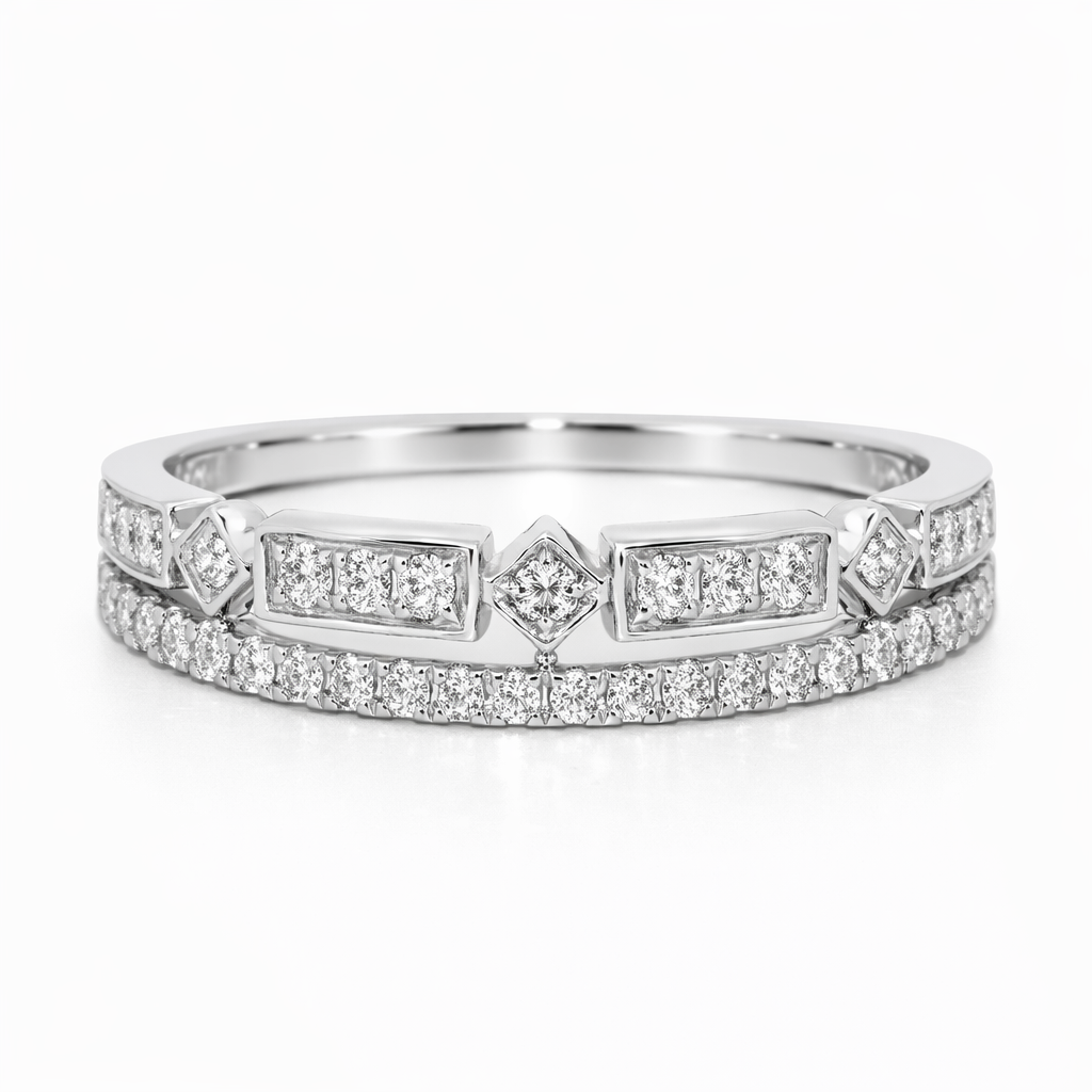 Two diamond rings stacked on a white background