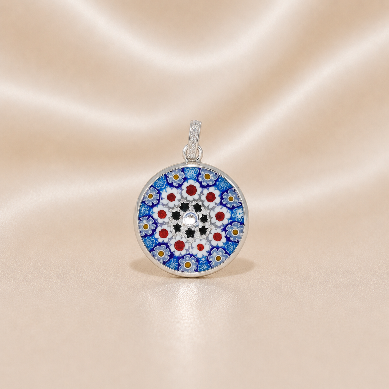 Round multicolored pendant on a beige background Sterling Silver | GlassOfVenice Murano Glass Millefiori Pendant