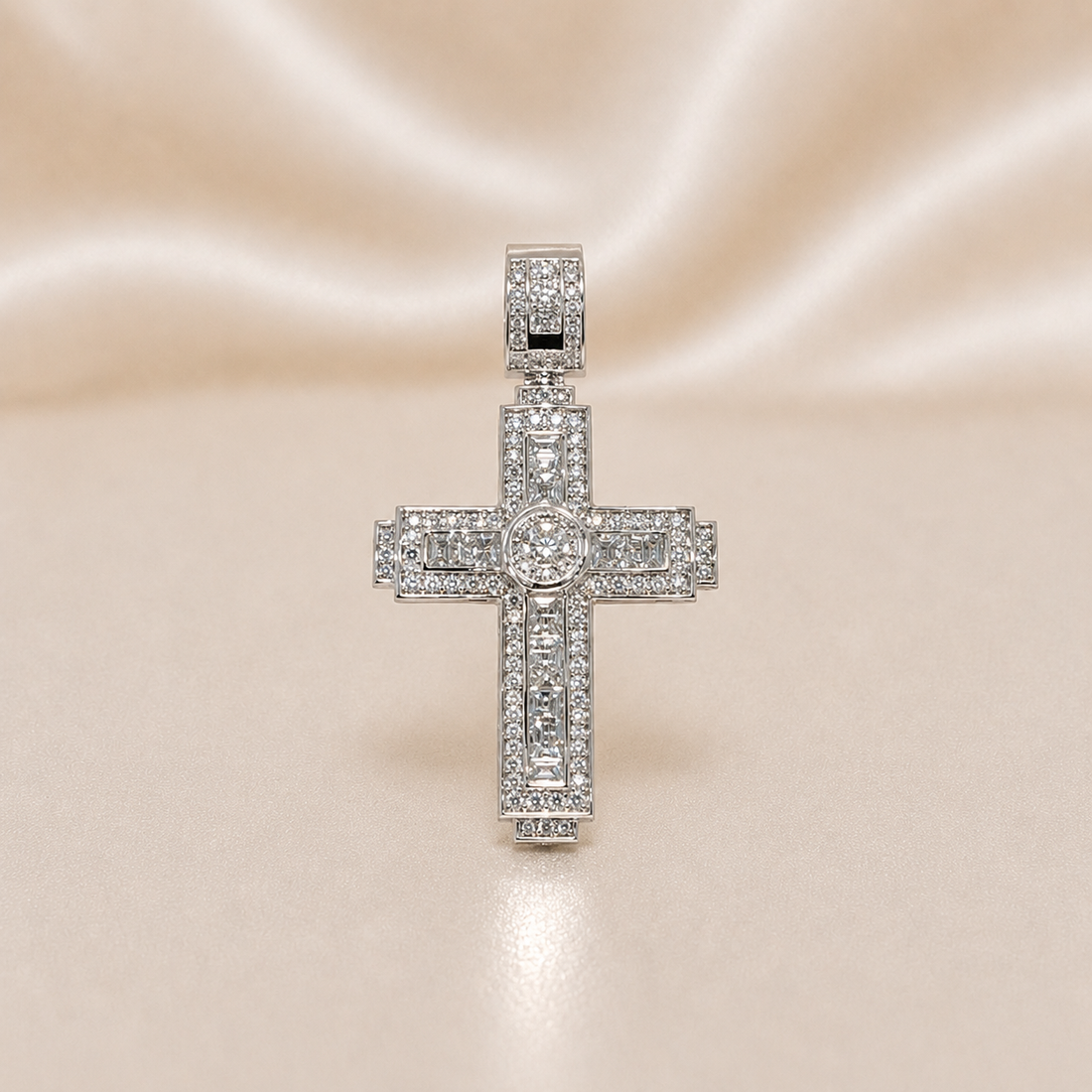 Silver cross pendant with diamonds on a soft pink satin background Sterling Silver | Large baguette and round CZ Cross Pendant