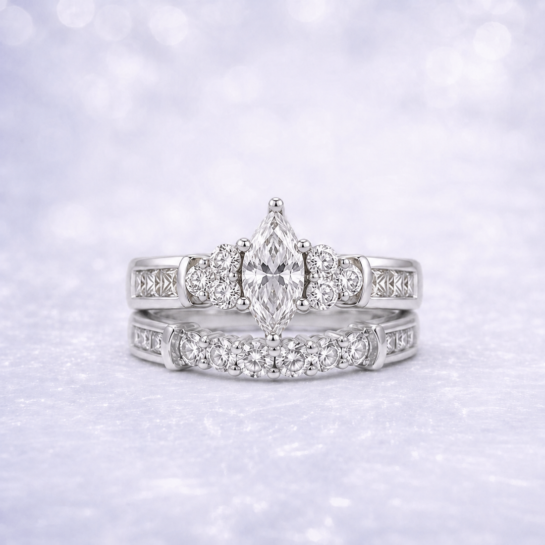 Sterling Silver | Marquise Cut Engagement Ring with Cubic Zirconia Accents and wedding band