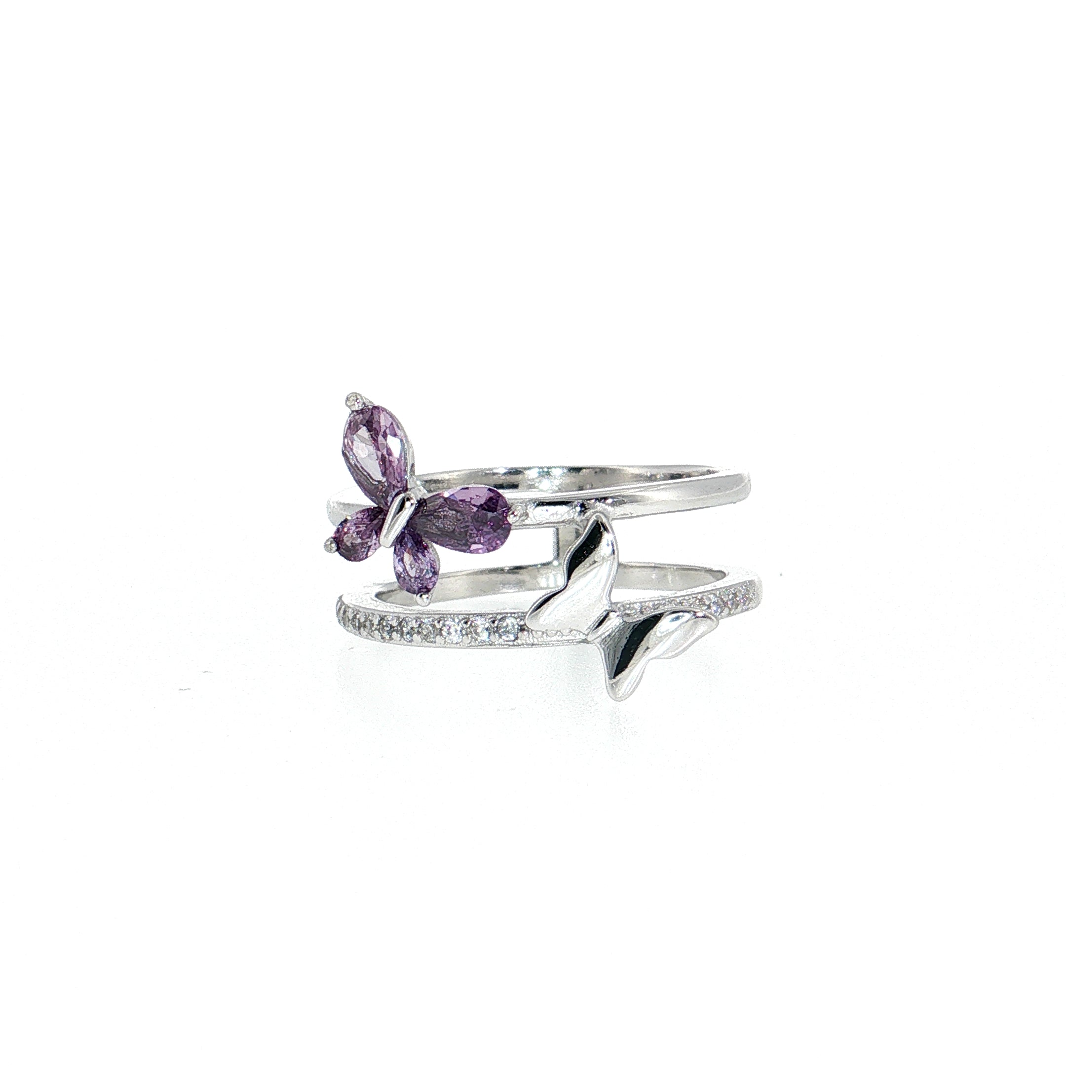 Sterling Silver | Purple CZ Butterfly Double Band Ring