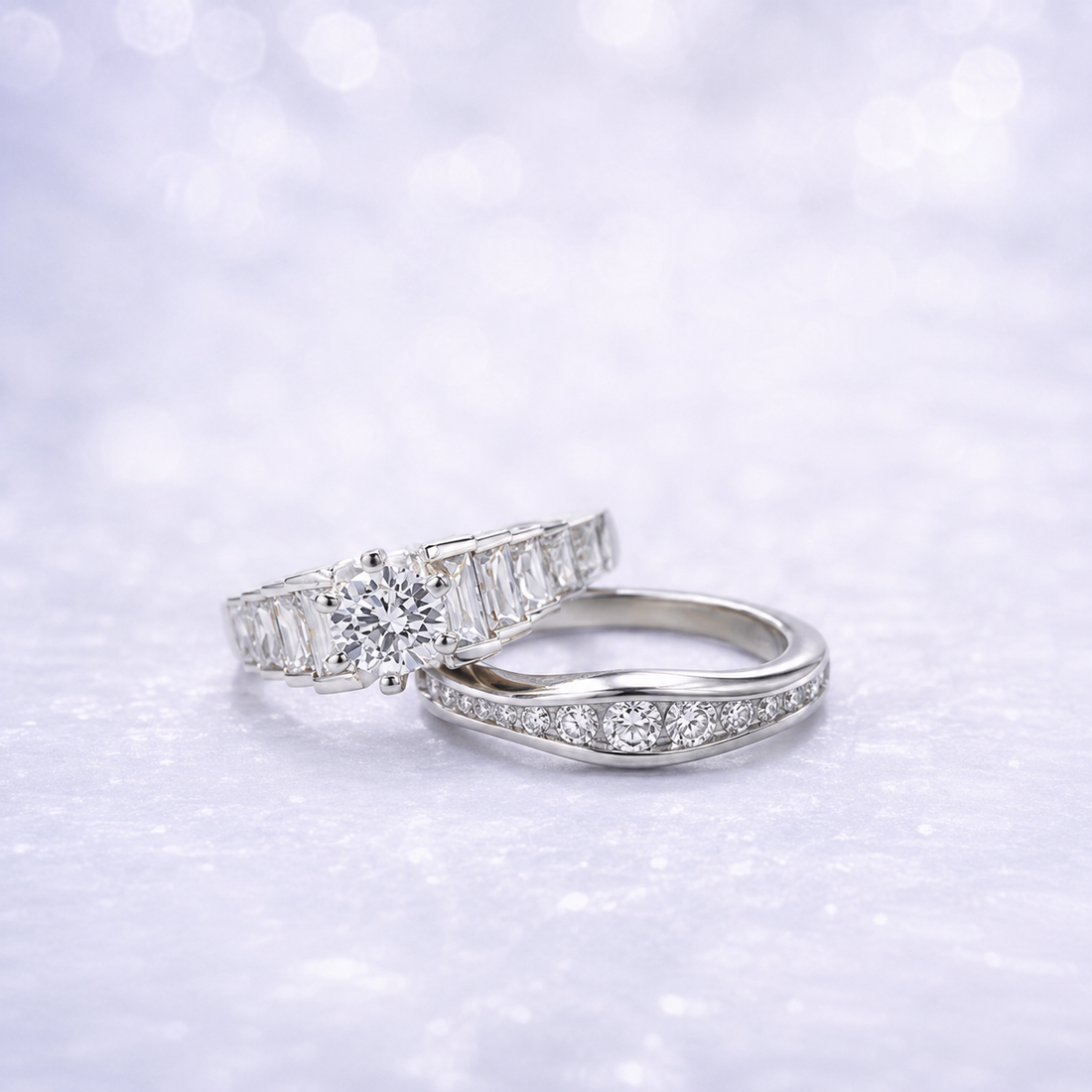 Sterling Silver | Round Solitaire Engagement Ring with Tapered Baguette Cubic Zirconia and wedding band