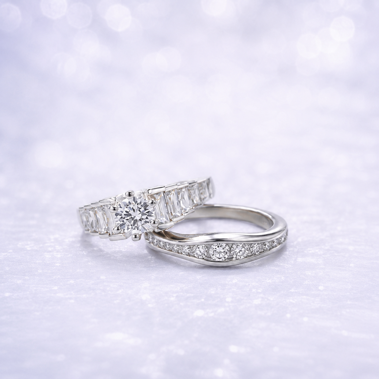 Sterling Silver | Round Solitaire Engagement Ring with Tapered Baguette Cubic Zirconia and wedding band