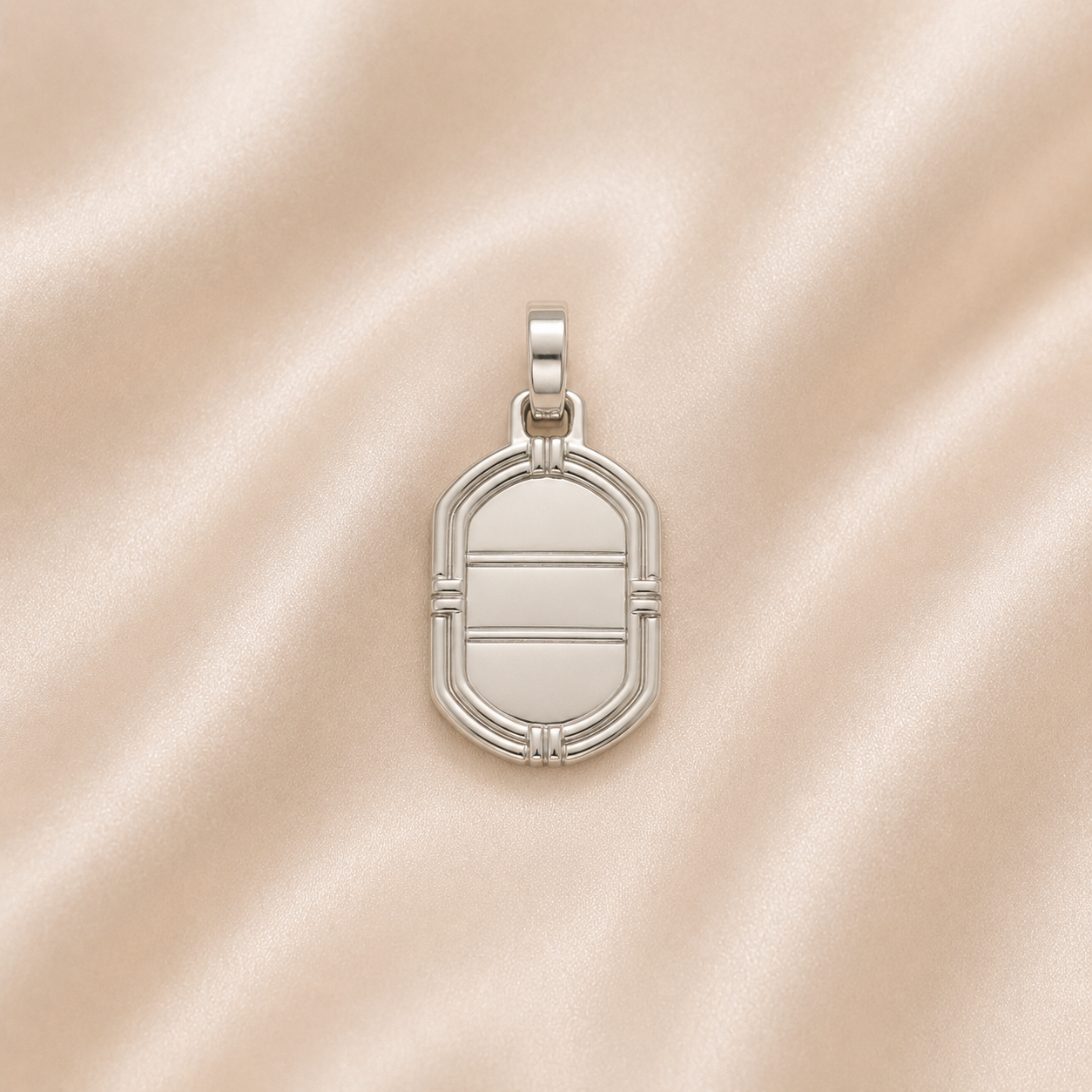 Silver pendant on a beige fabric background Sterling Silver | Vintage Modernist Geometric Engravable Pendant