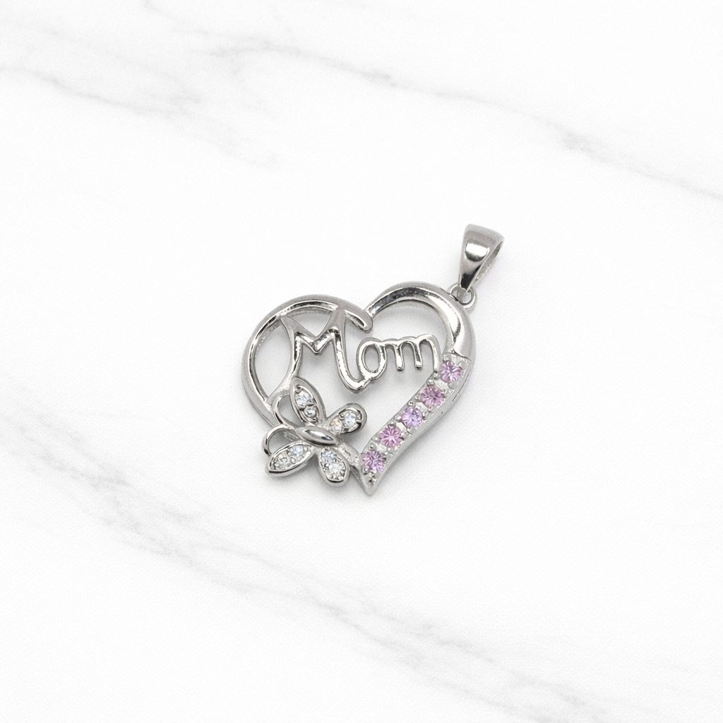 Sterling Silver | Butterfly Pink Stone Mom Pendant