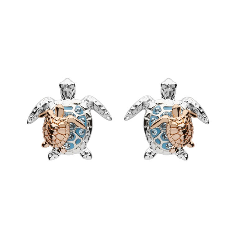 Ocean | Deep Blue Silver SW Crystal Turtle and Baby Stud Earrings Rose Plate