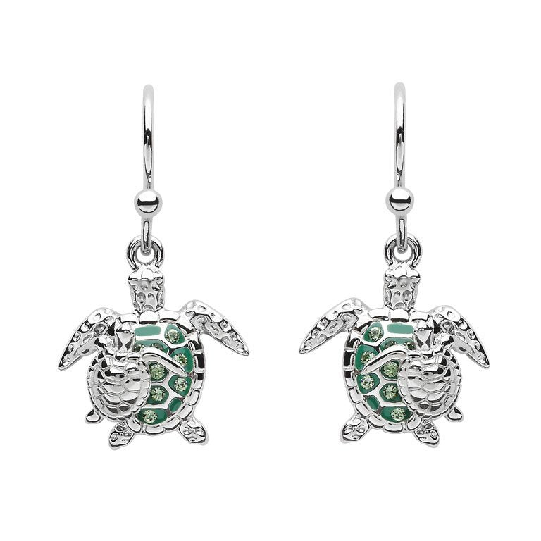Ocean | Silver Swarovski Crystal Turtle and Baby Drop Earrings Green