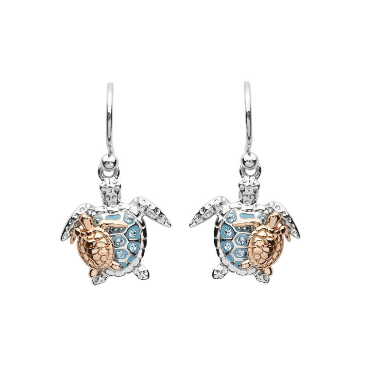 Ocean | Silver SW Crystal Turtle and Baby Drop Earrings Rose Plate