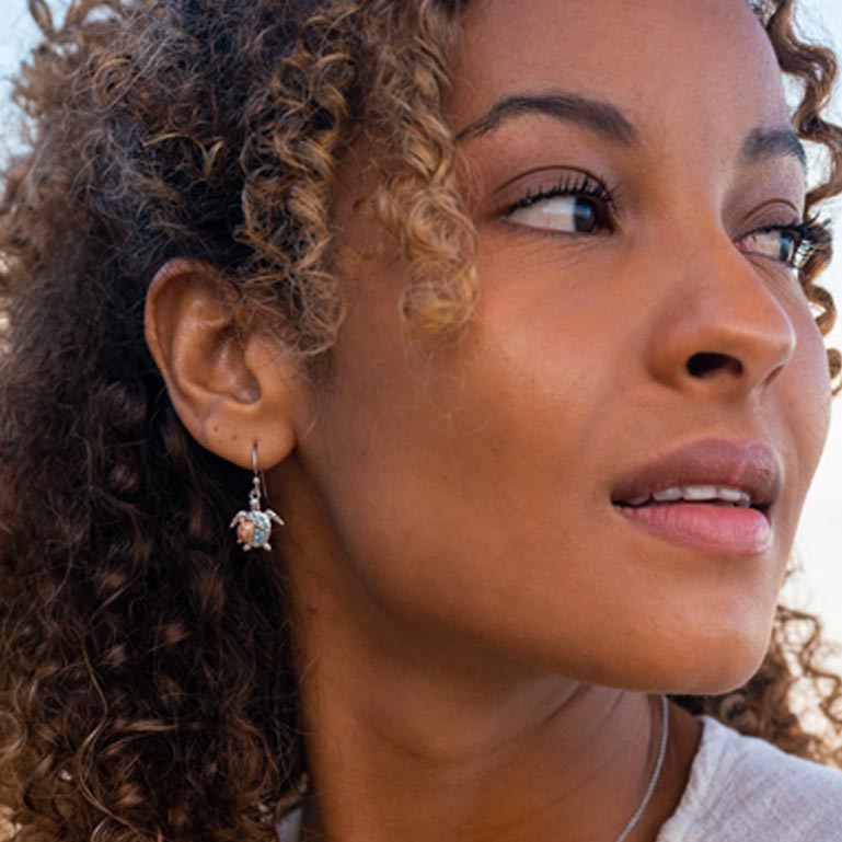 Ocean | Silver SW Crystal Turtle and Baby Drop Earrings Rose Plate