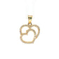 A gold pendant featuring two interlocking open heart shapes, each outlined with small clear stones, suspended from a clear plastic display hook against a white background.