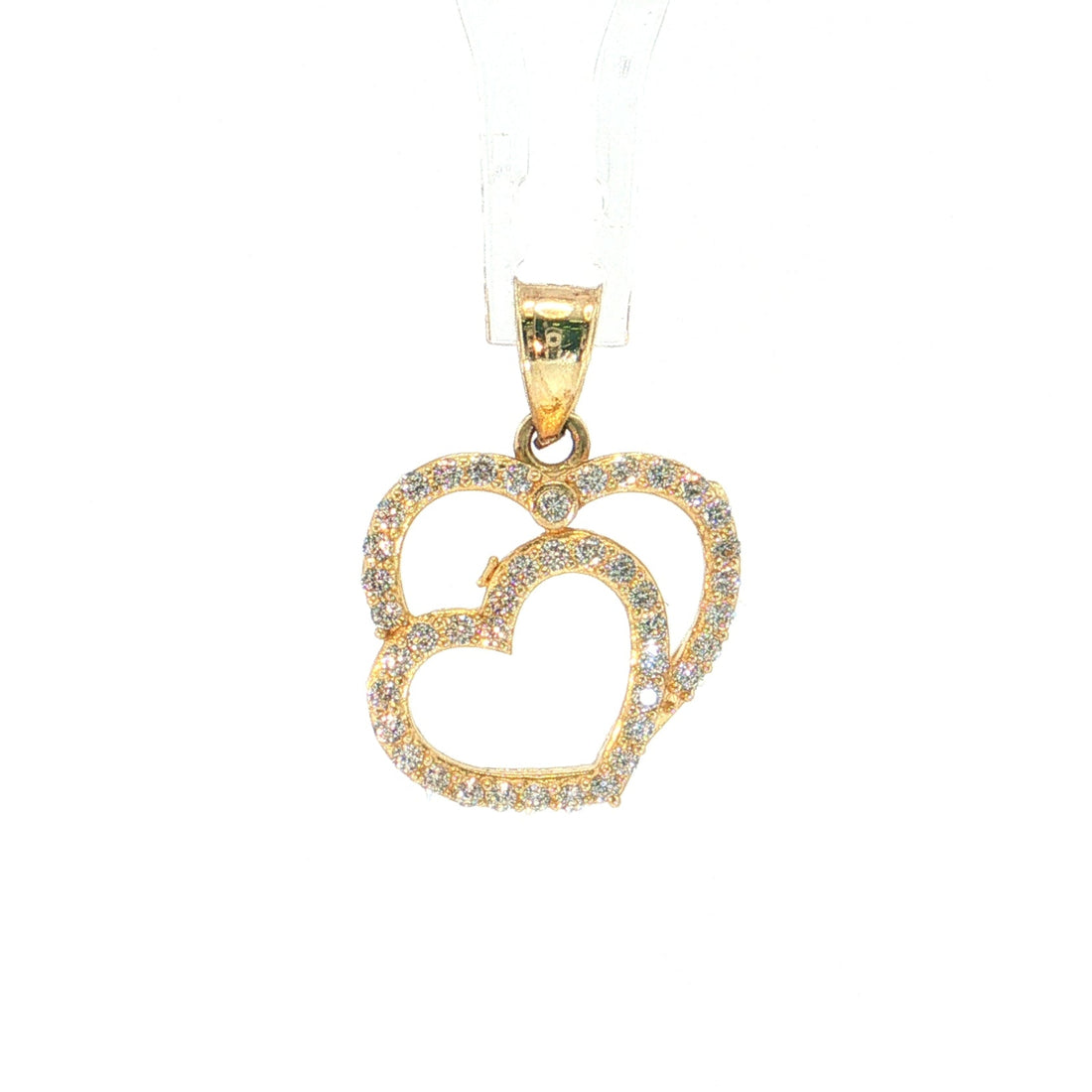 A gold pendant featuring two interlocking open heart shapes, each outlined with small clear stones, suspended from a clear plastic display hook against a white background.