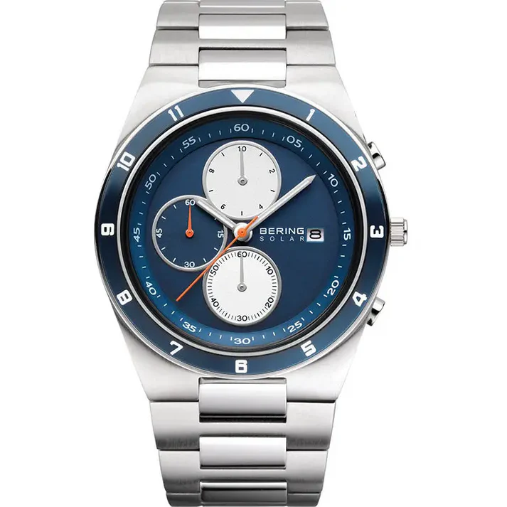 Bering | Solar Mens Blue Dial Watch 34440-708 Chronograph Stainless Steel Watch