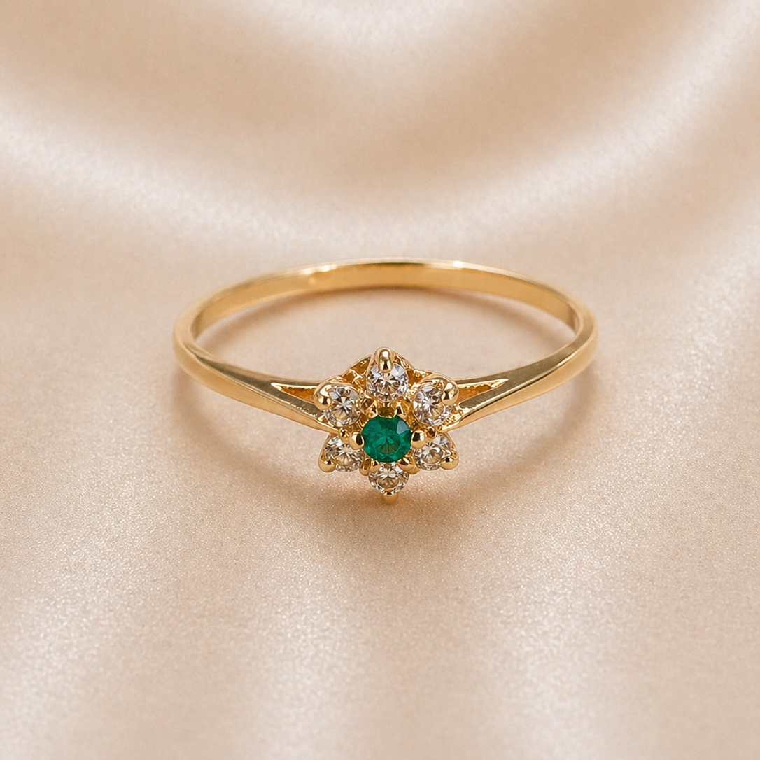 19.2k-portuguese-gold-vintage-floral-cluster-ring emerald green